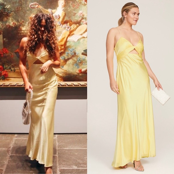 MAC DUGGAL Butter Yellow Satin Twist Front V-Neck Cutout Sleeveless Maxi Gown 16 - Picture 1 of 9